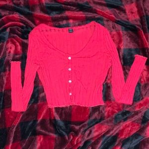 shein long sleeve red lettuce trim button up cropped scoop neck tee